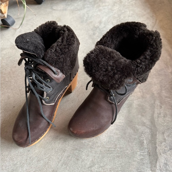 No.6 Clog Shearling Lined Lace Up Boot Sz 39 Black & Brown Natural Base 3” heel - Picture 11 of 16